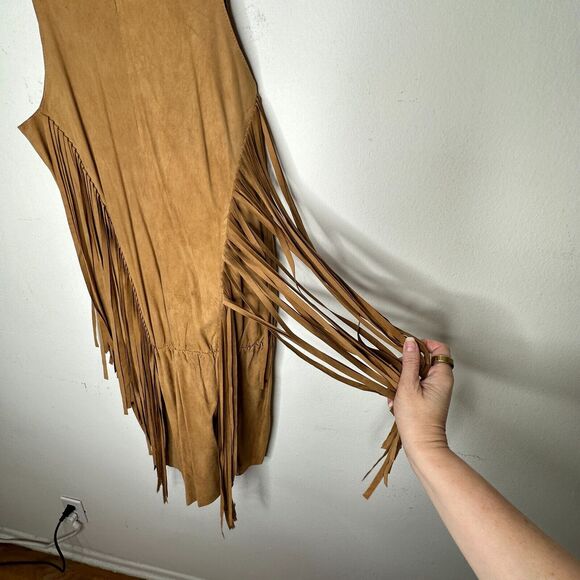 Belair Calvi Camel-Tan Goat Suede Sleeveless Fringed Scoop Neck Mini Dress T2 - Picture 7 of 16